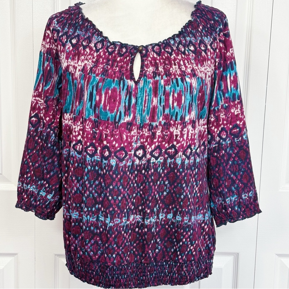 Lucky Brand Knit-Wear Purple Multi Boho Print Smocked Peasant Top Large